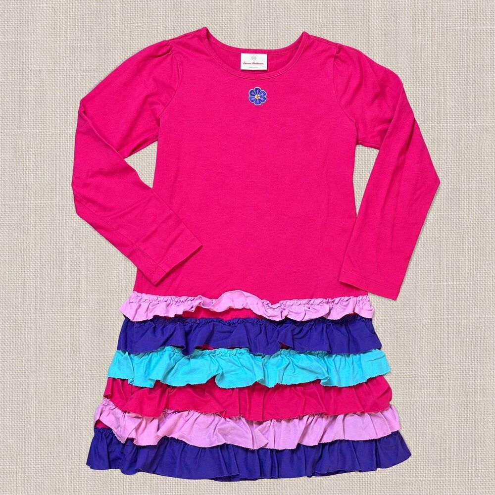 Hanna Andersson Girls 8 130 Ruffle Skirt Dress Cerise Pink Rainbow Cotton